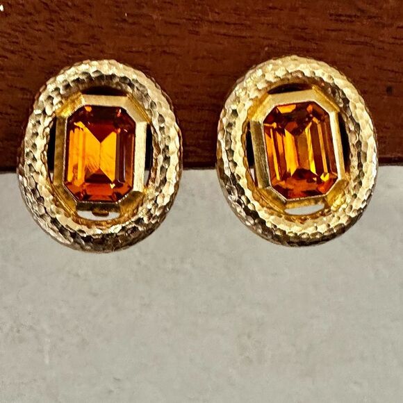 Vintage Christian Dior Amber Glass Clip-On Earrings - Picture 1 of 8
